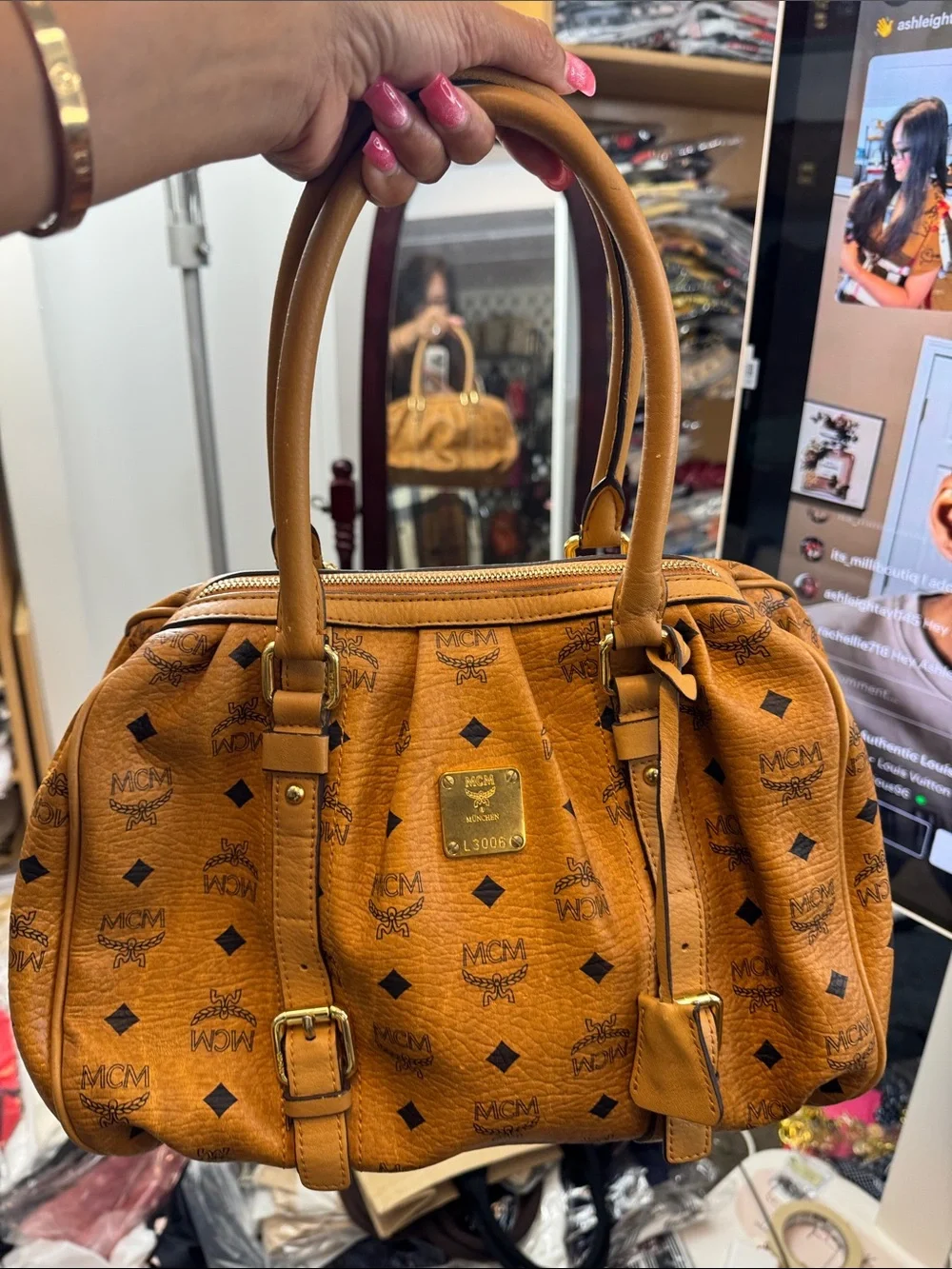 MCM Cognac Visetos Logo Satchel with Gold Plaque